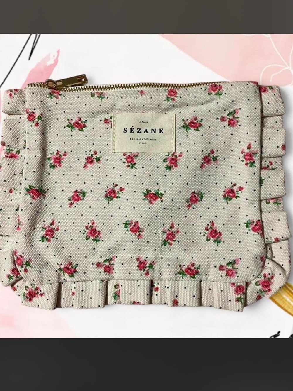 Floral Ruffle Zip Pouch - Cream with Pink Roses